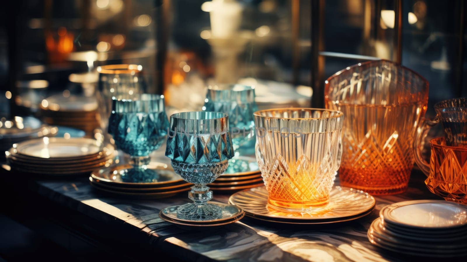 transparent glass retro dish colorful tableware, ai