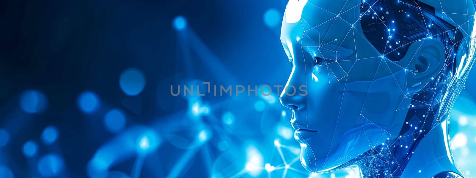 Futuristic Artificial Intelligence Concept with Digital Humanoid Face in Blue Virtual Network by Edophoto