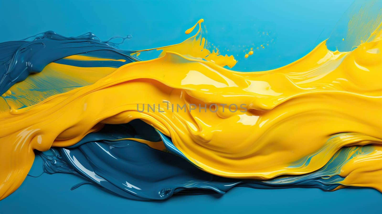 Texture of yellow and blue paints on a blue background.