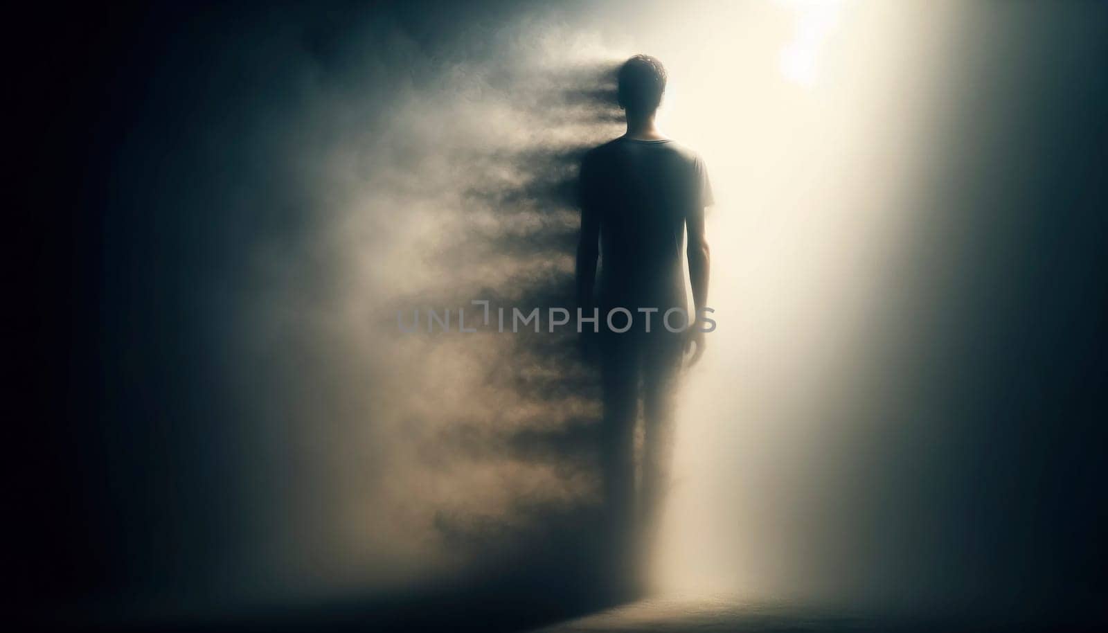 Back view of a person blending into a foggy background, symbolizing detachment.