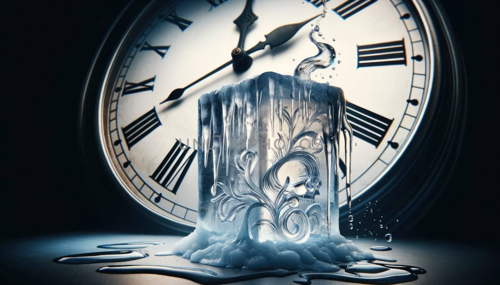A melting ice sculpture set against a ticking clock, symbolizing the fleeting nature of time and urgency