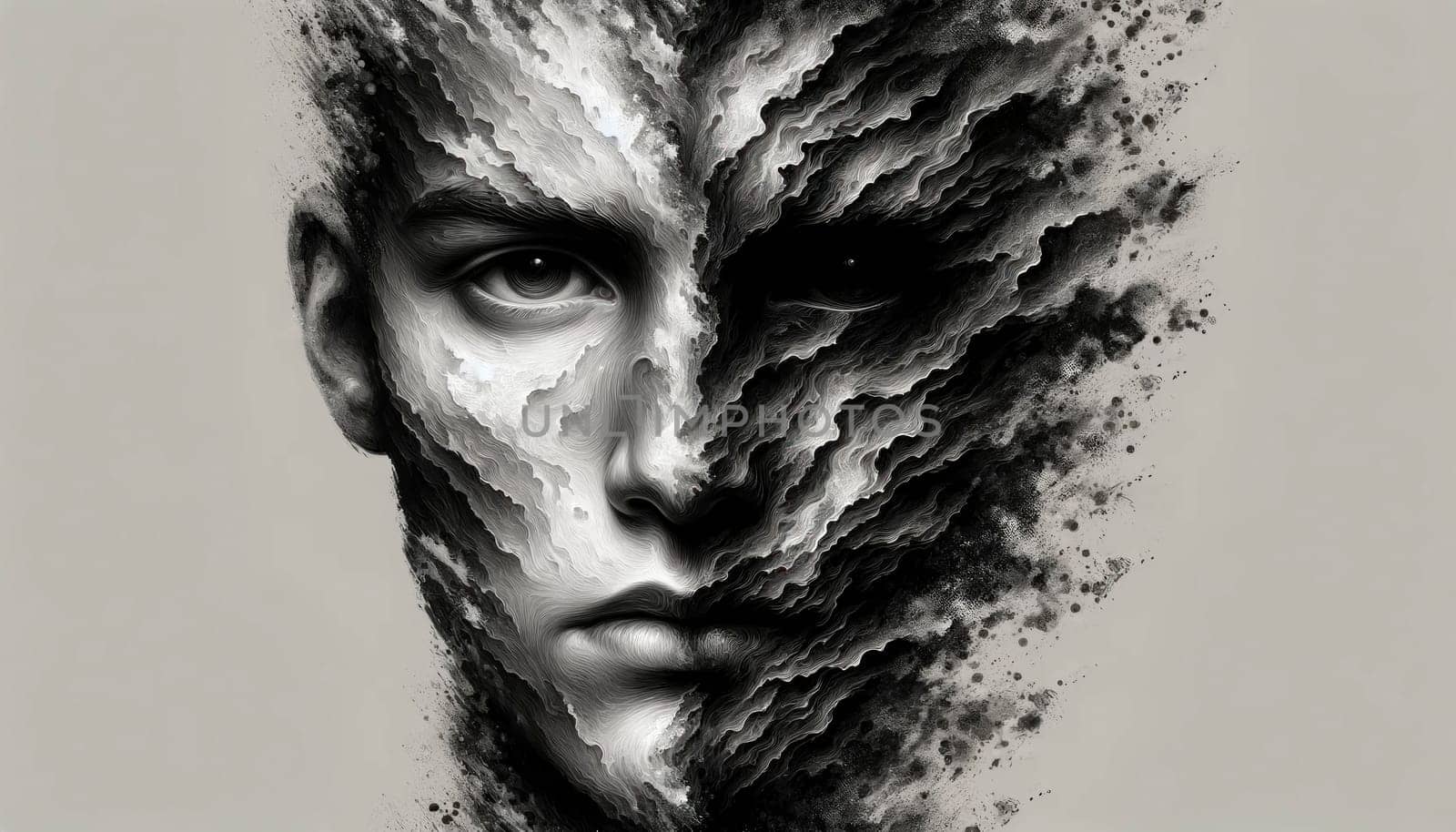 Half-face portrait with dark patterns, showing self-loss.