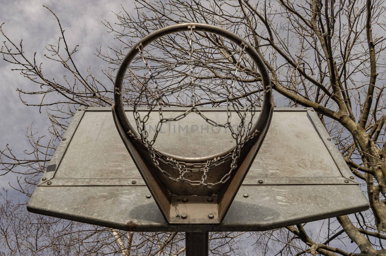 Edinburgh, Scotland, Jan 19, 2024 - Steel basketball backboard with the hoop metal ring and steel chain net against branches and sky seen from below. Street basketball court, Low angle view, Look up, Space for text, Selective focus.
