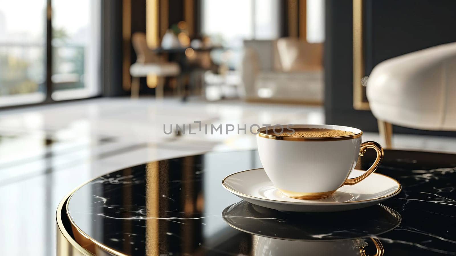 A cup of coffee in an elegant, luxurious and contemporary setting. AI generated.