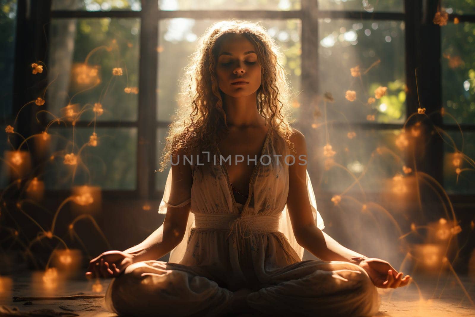 A beautiful curly girl meditates on the floor in the rays of the sun. Mental health concept.