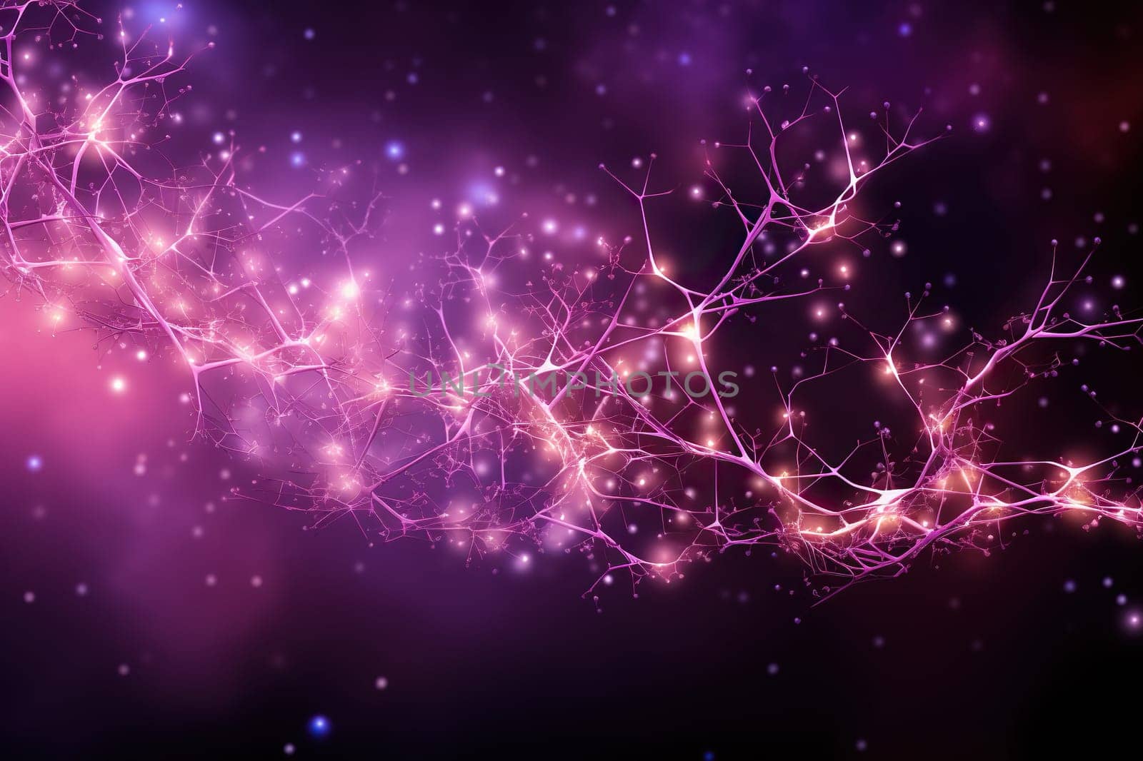 Abstract purple background with molecular structure. Neural connections of the brain.