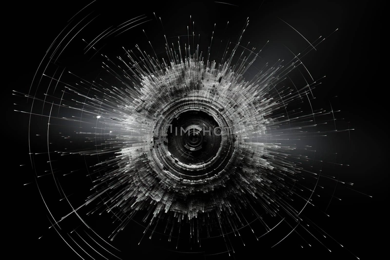 Hole from a bullet shot with cracks on a black background.
