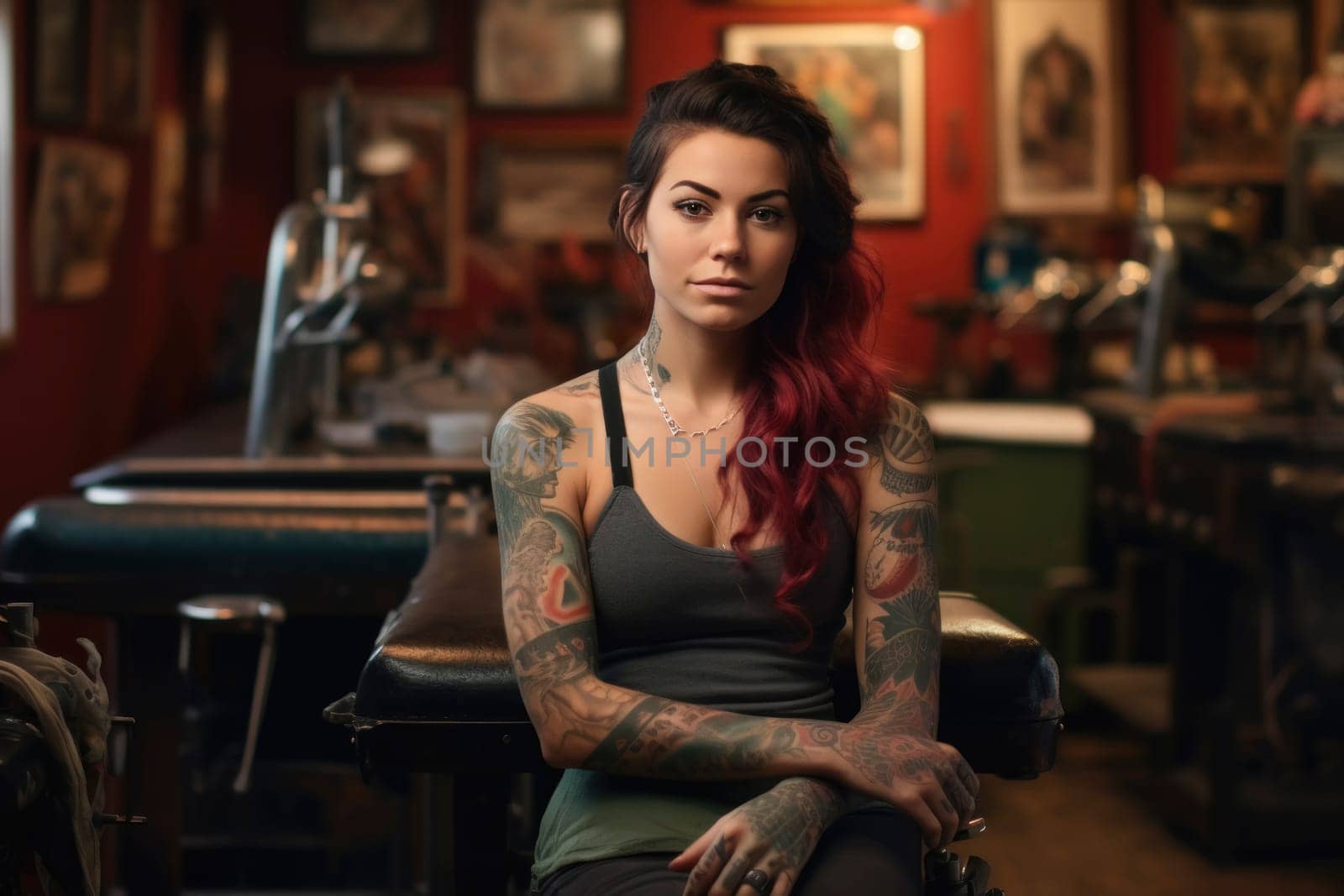 Portrait of a woman with vibrant tattoos sitting contemplatively in the atmospheric interior of a tattoo studio.
