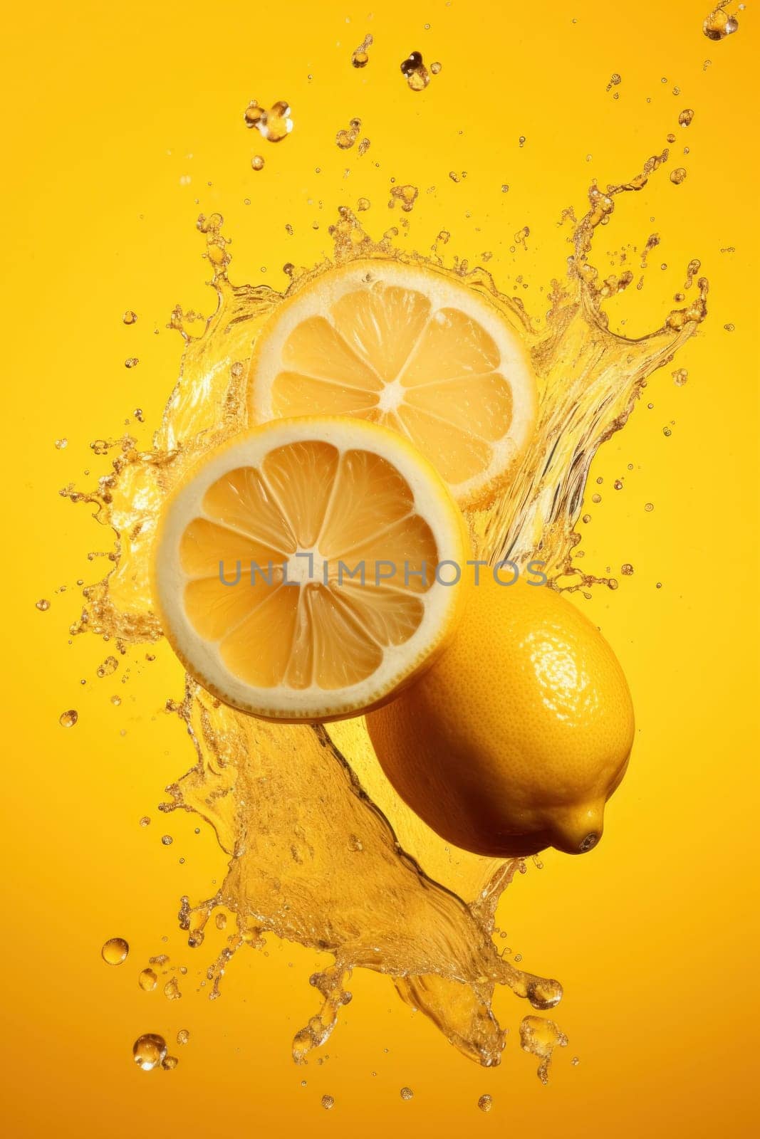 Bright yellow lemons and slices caught in a dynamic water splash, contrasting against a vivid yellow backdrop.