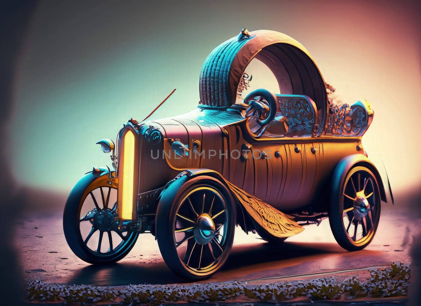 Vintage car model on a wooden floor. Photo in old color image style. AI Generated.