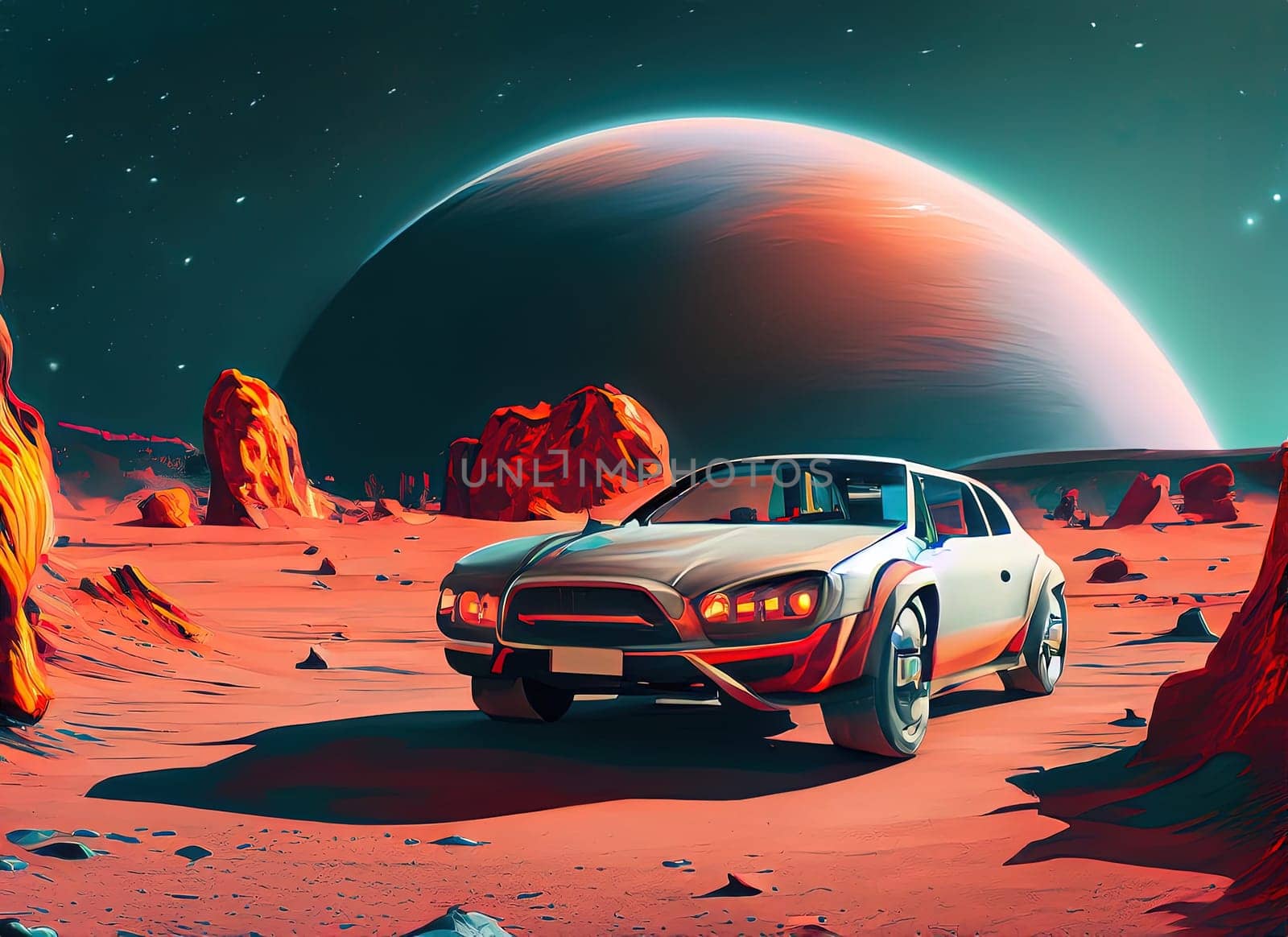 Alien Planet Landscape with Car and Moon. 3d illustration. by Waseem-Creations