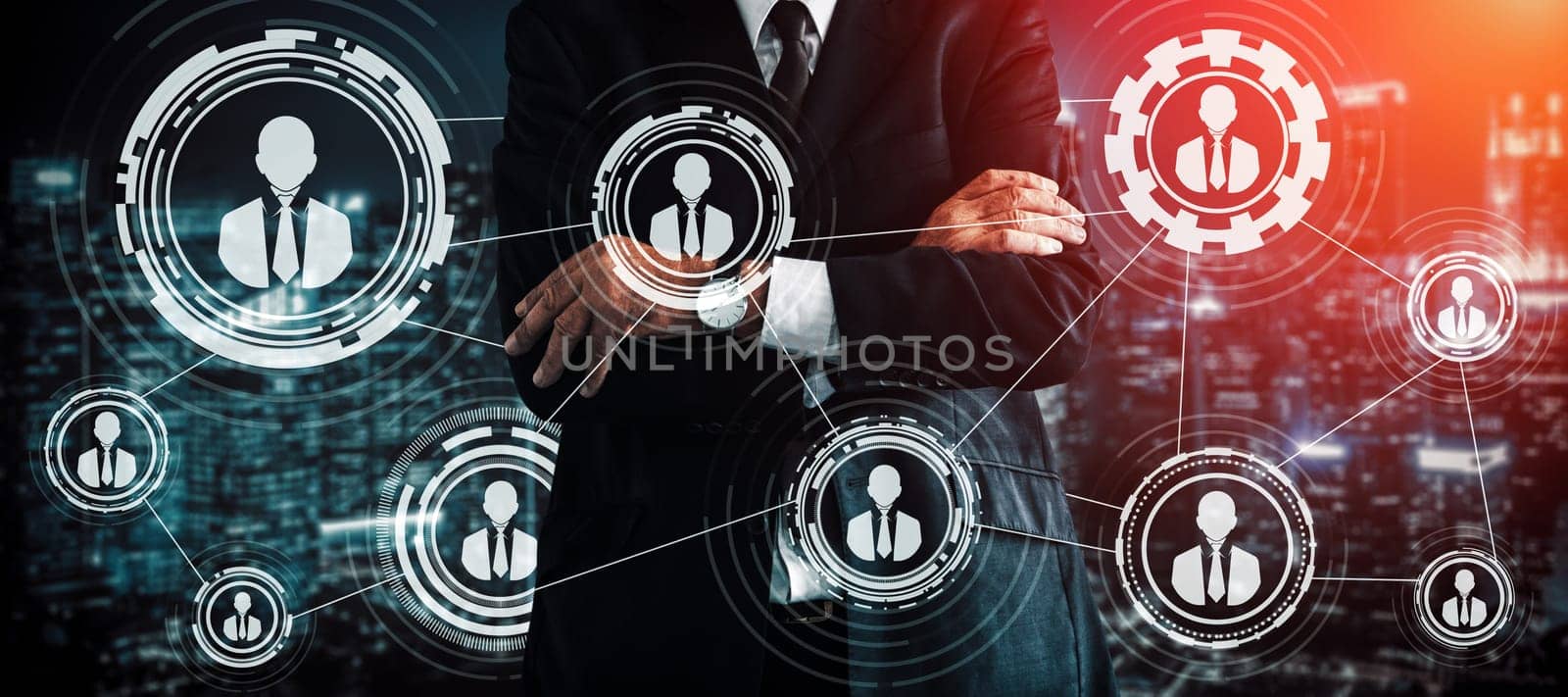 Human Resources Recruitment and People Networking Concept. Modern graphic interface showing professional employee hiring and headhunter seeking interview candidate for future manpower.