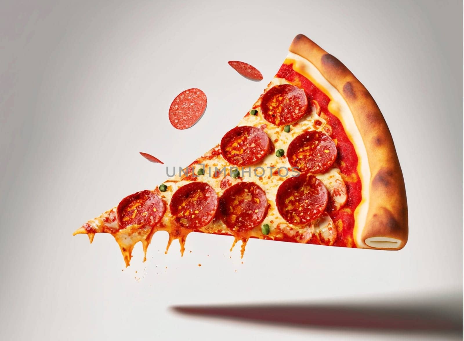 Slice of fresh italian classic original Pepperoni Pizza isolated on white background jpg image. High quality image