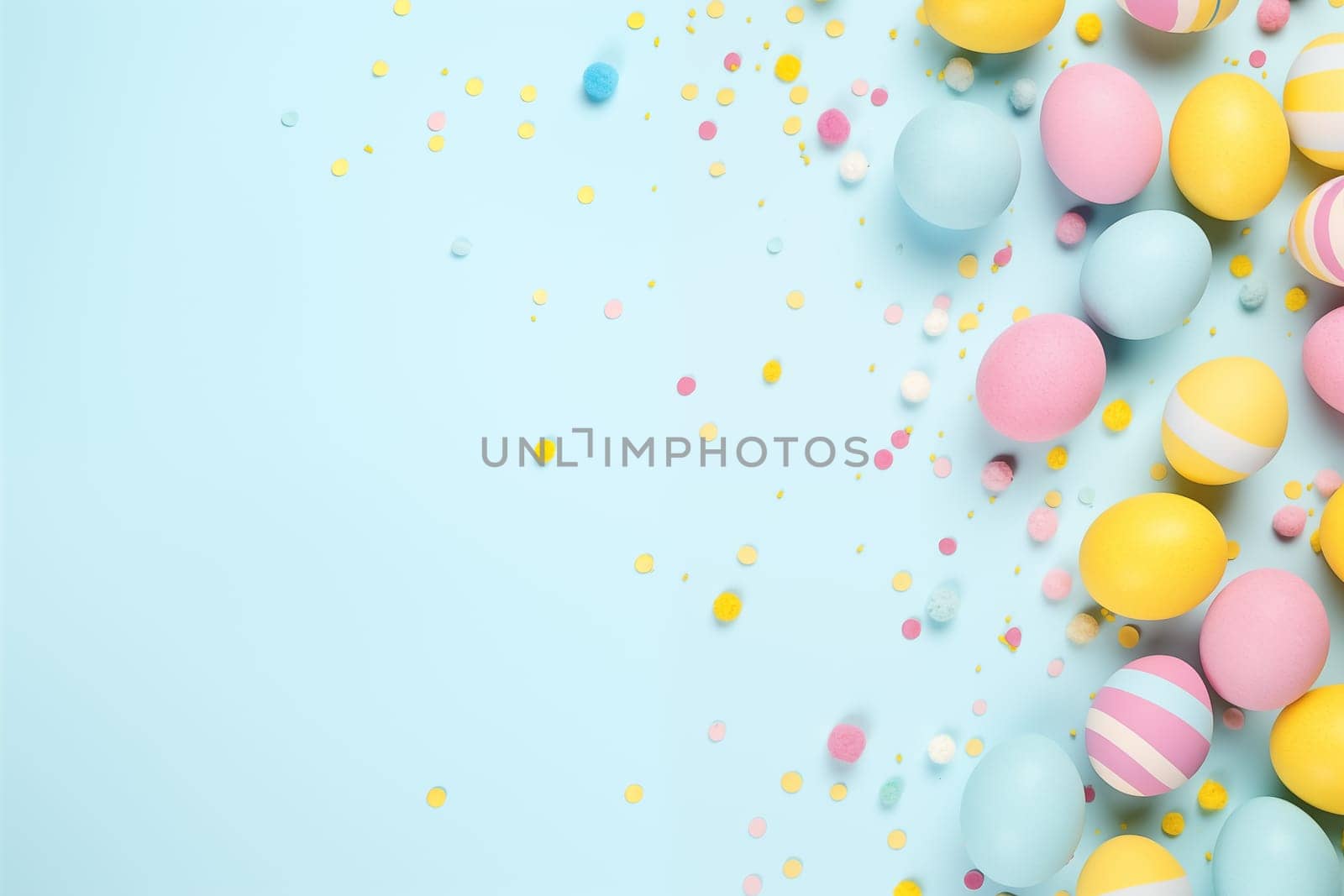 Easter decor concept. Top view photo of yellow pink blue easter eggs and sprinkles on isolated pastel blue background with blank space in the middle by Nadtochiy