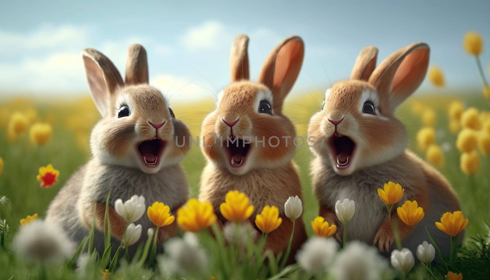 Three animated easter rabbits with expressive faces surrounded by vibrant yellow flowers in a sunny spring meadow