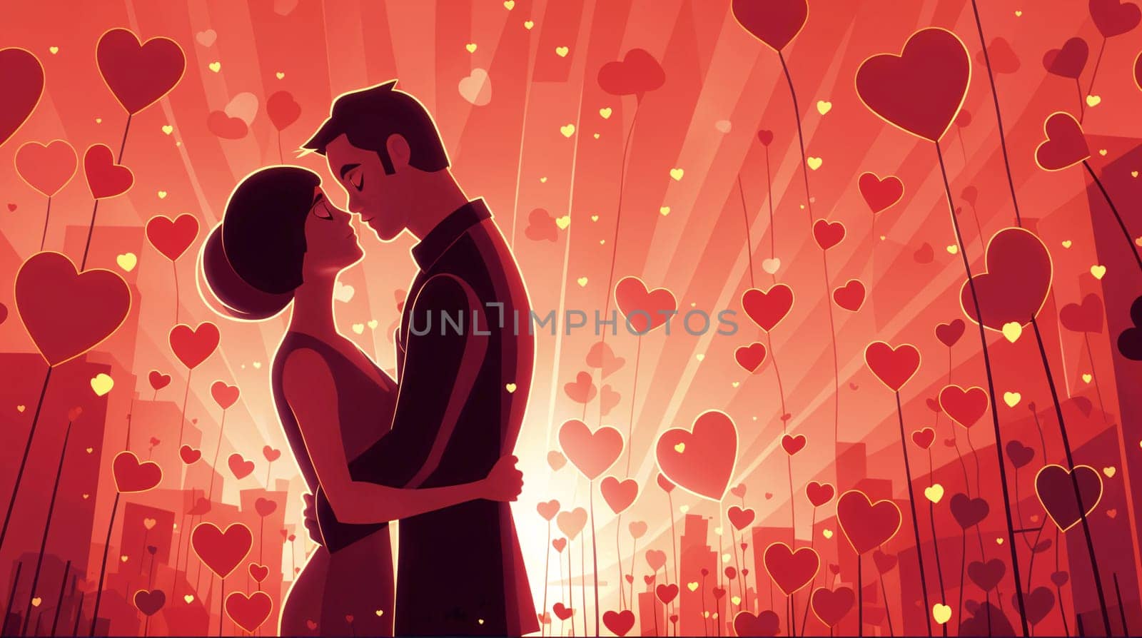 Flat illustration of a couple embracing, surrounded by hearts and city skyline by chrisroll