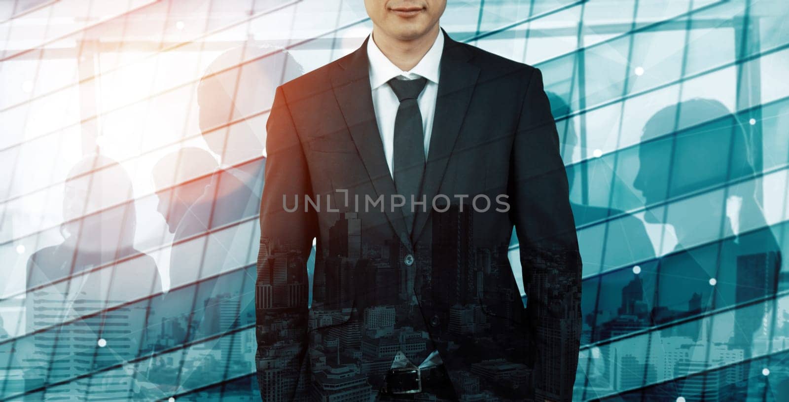 Double Exposure Image of Success Business People on abstract modern city background. Future business and communication technology concept. Surreal futuristic multiple exposure graphic interface. uds