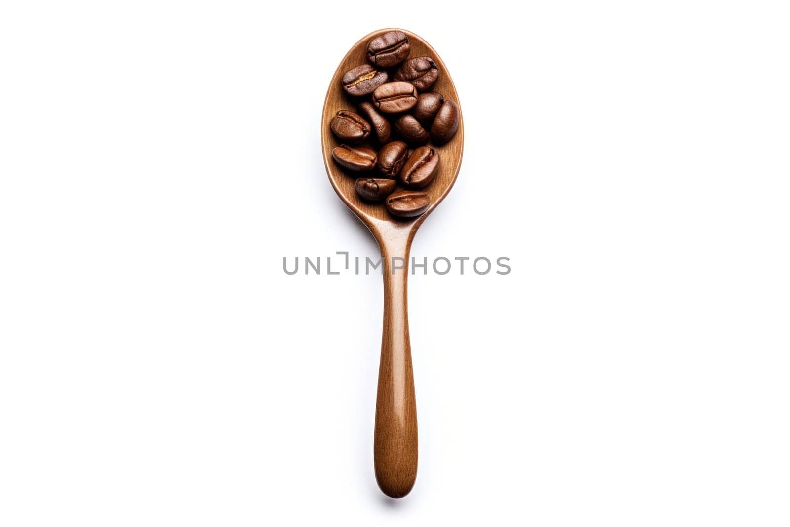 Coffee beans on wooden scoop isolated on white background. Generative AI.