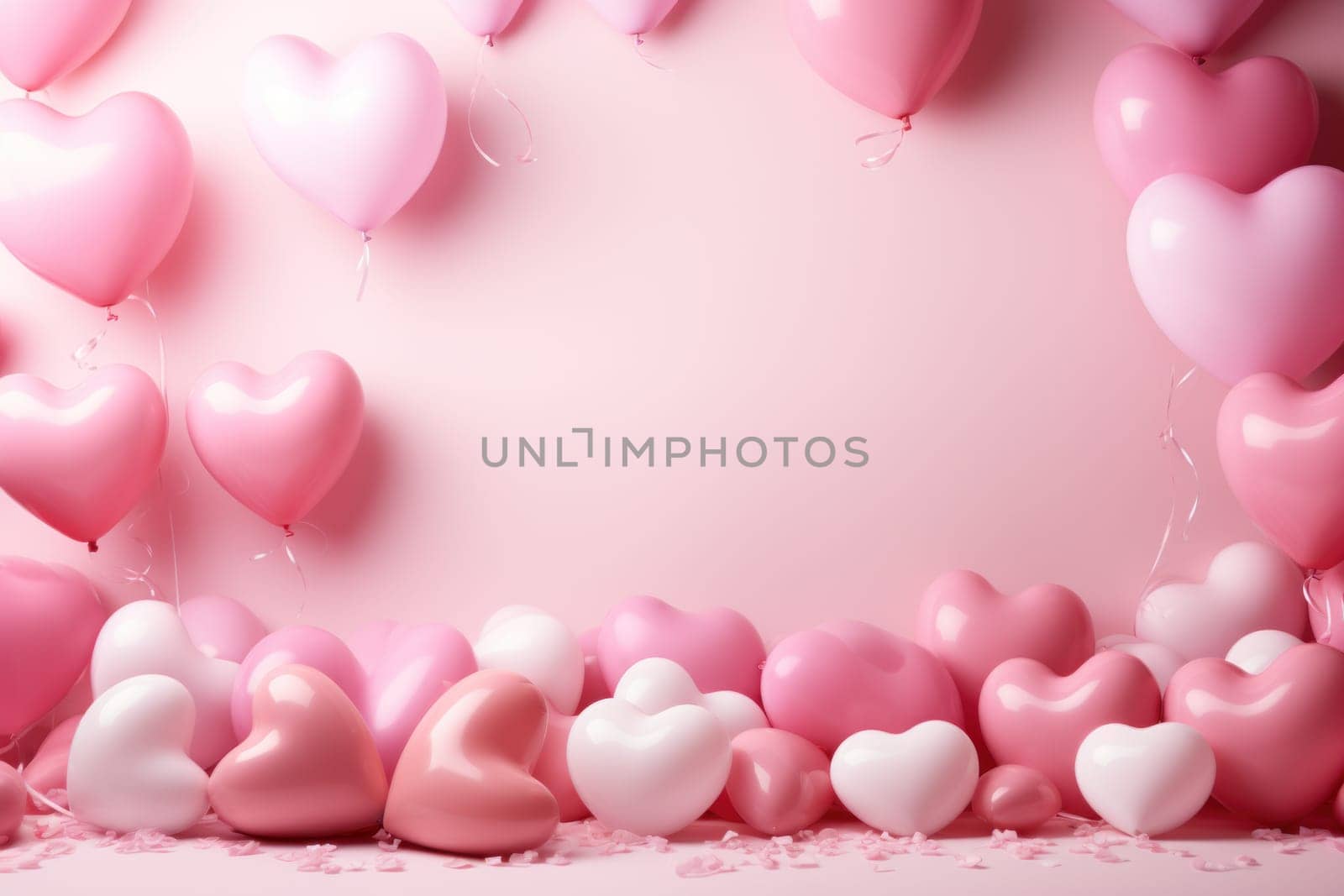 Pink hearts and pink balloons with copy space. Generative AI.