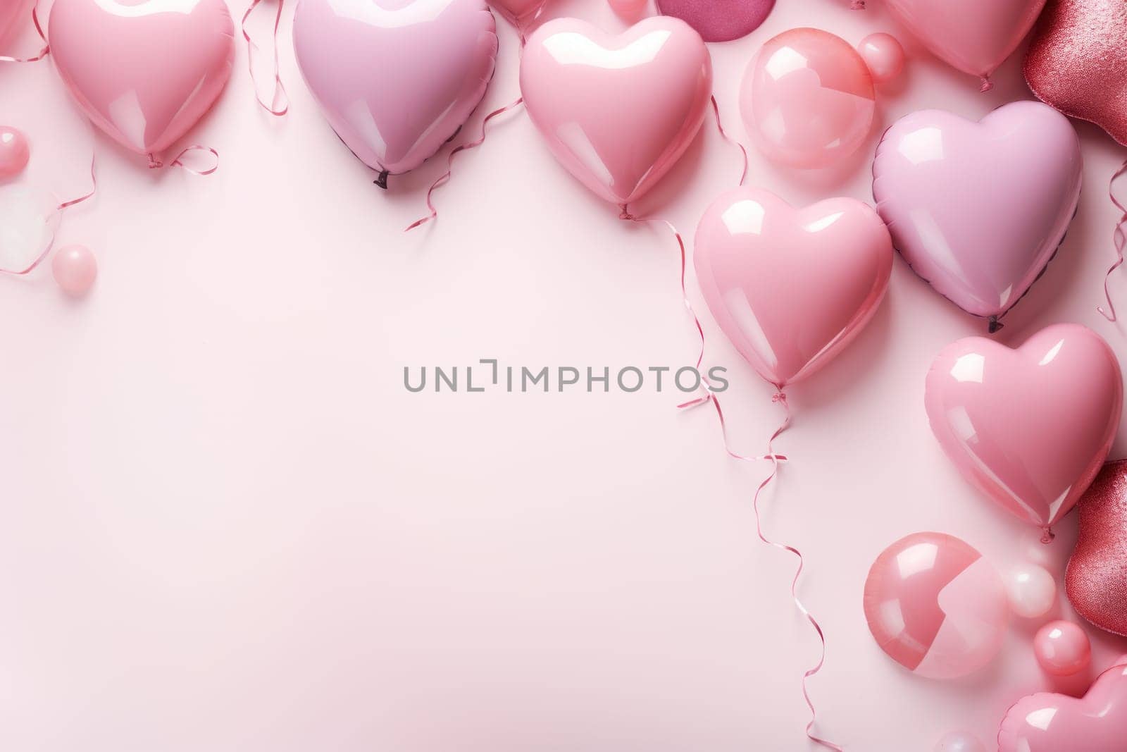 Pink hearts and pink balloons with copy space. Generative AI.