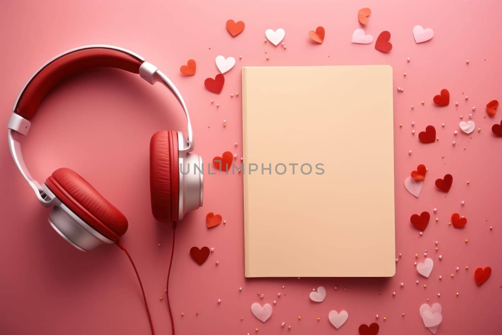 Flat lay of red notebook covered with headphones on pink background. Generative AI..