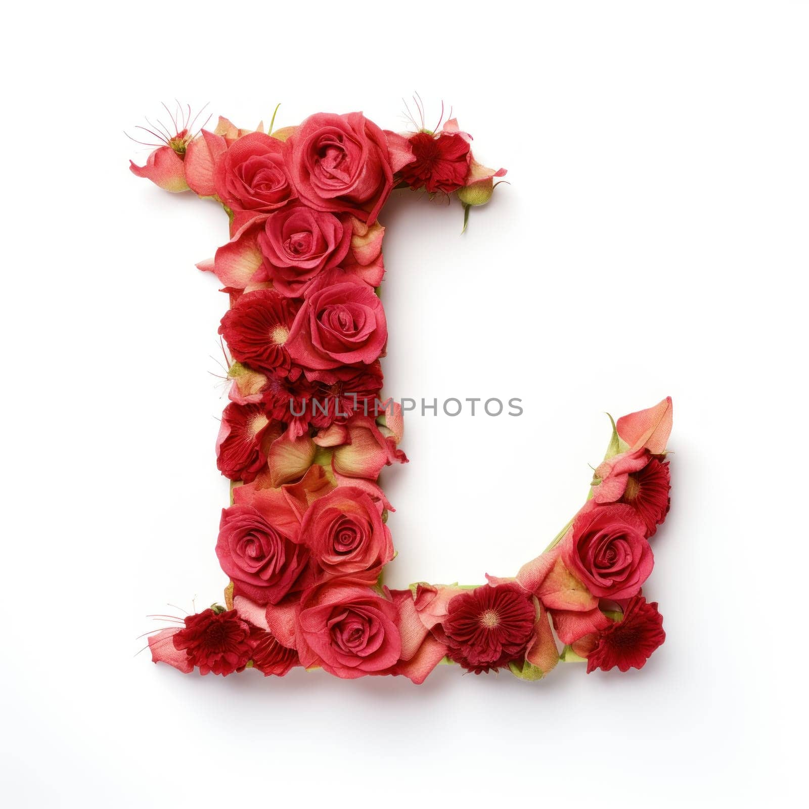 English letter L, whose texture is red rose. white background. Generative AI by golfmerrymaker