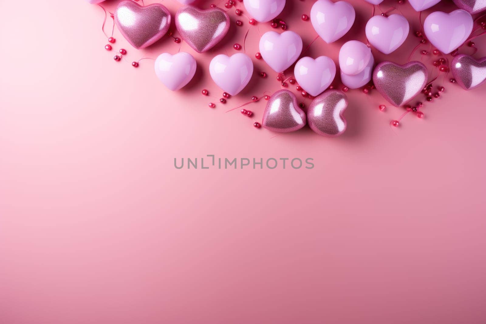 Pink hearts and pink balloons with copy space. Generative AI.