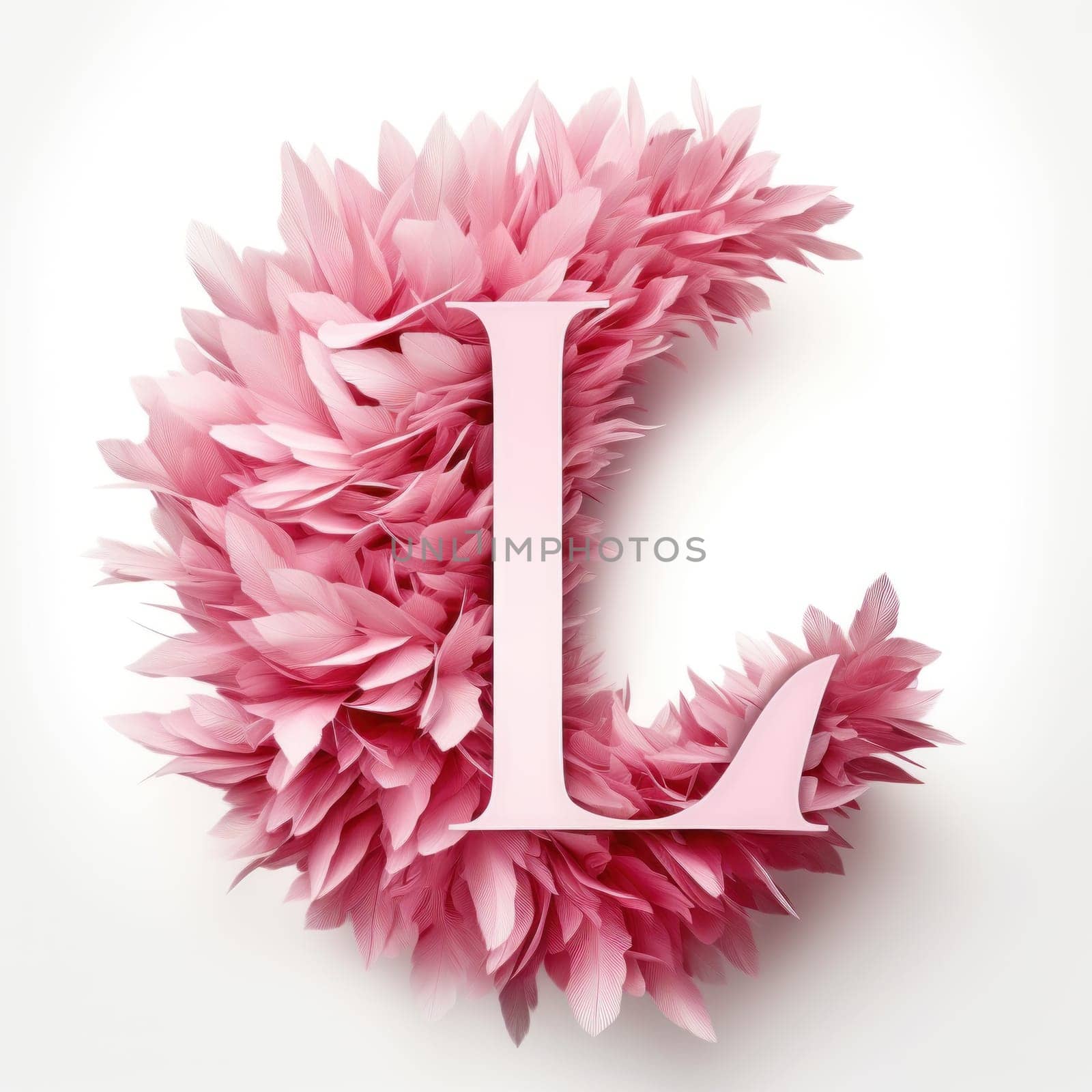 English letter L, whose texture is pink feather. white background. Generative AI.