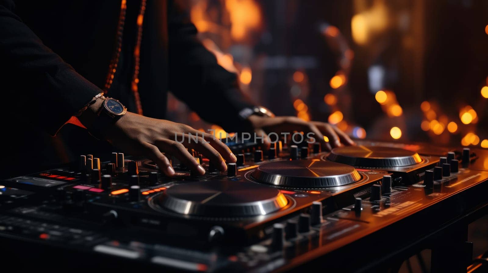 Close up of DJ hands adjusting controls on a mixing deck at a party. Generative AI.