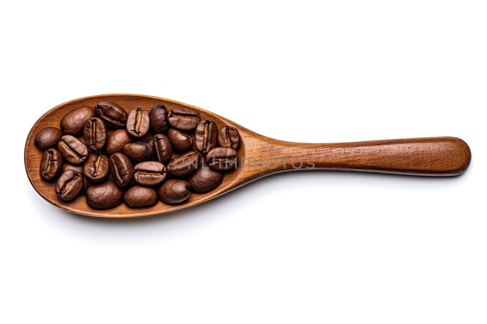 Coffee beans on wooden scoop isolated on white background. Generative AI.
