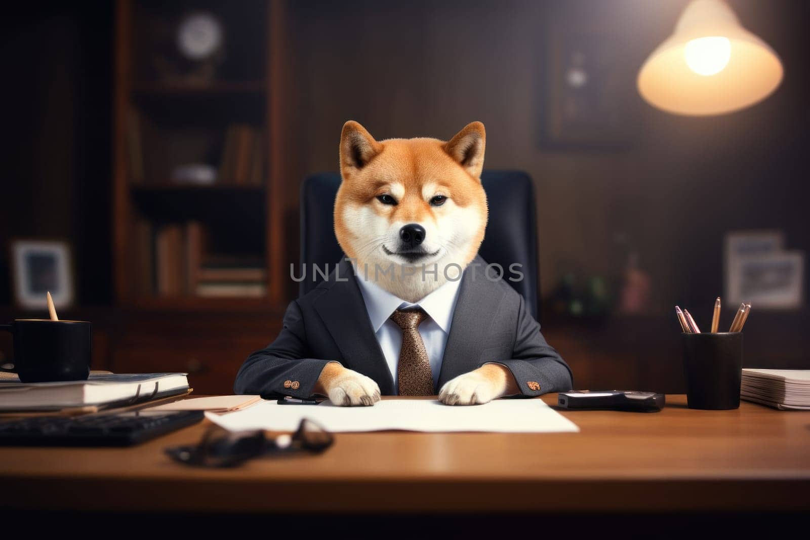 Shiba like a boss sitting behind a desk in style of Anthropomorphic animals. Generative AI.