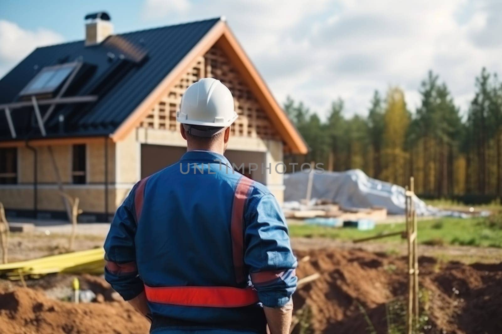 Master foreman in uniform and helmet watches, controls the construction of the house. Generative AI.