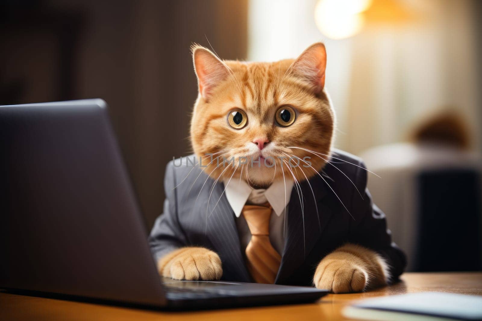 Ginger cat wearing a business suit and typing on a laptop at a desk. Generative AI.