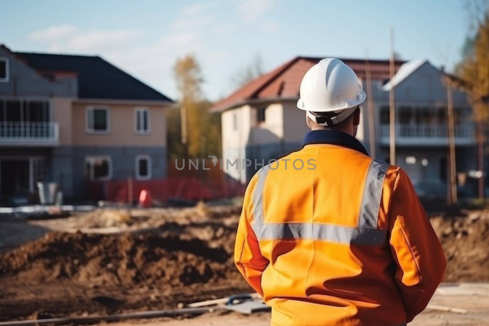 Master foreman in uniform and helmet watches, controls the construction of the house. Generative AI.