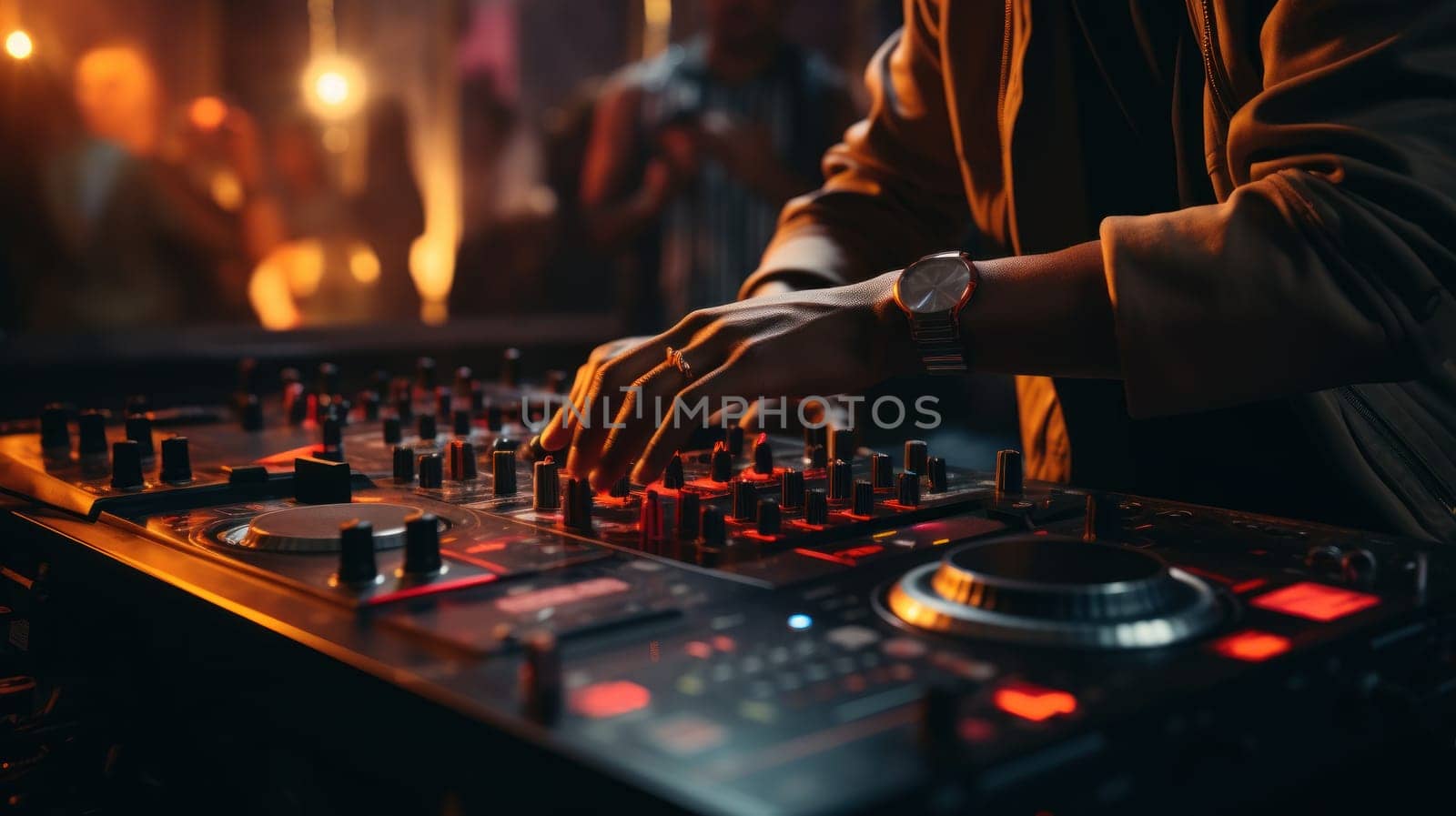 Close up of DJ hands adjusting controls on a mixing deck at a party. Generative AI.