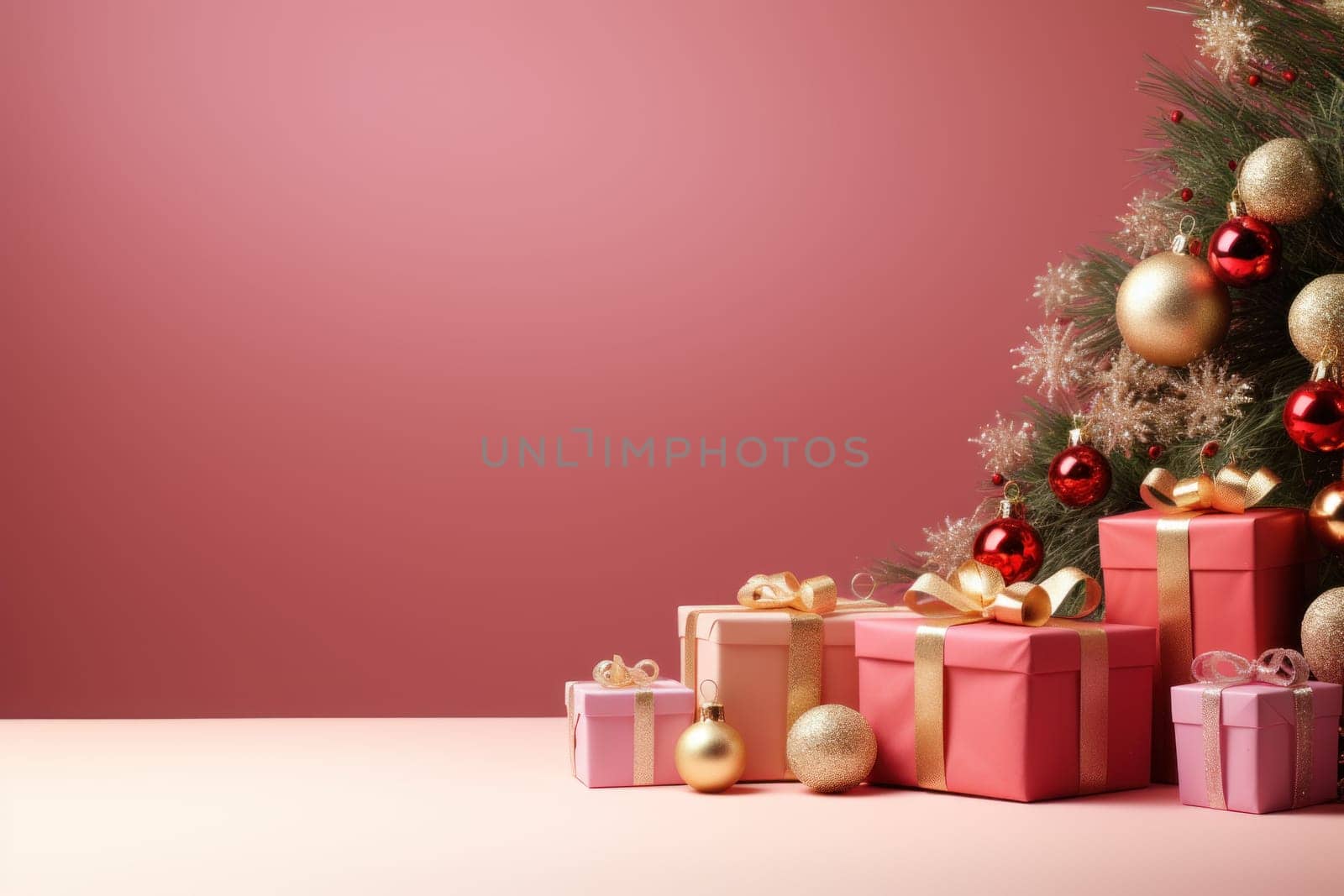 Merry Christmas banner with blank space for text, pink background. Generative AI.