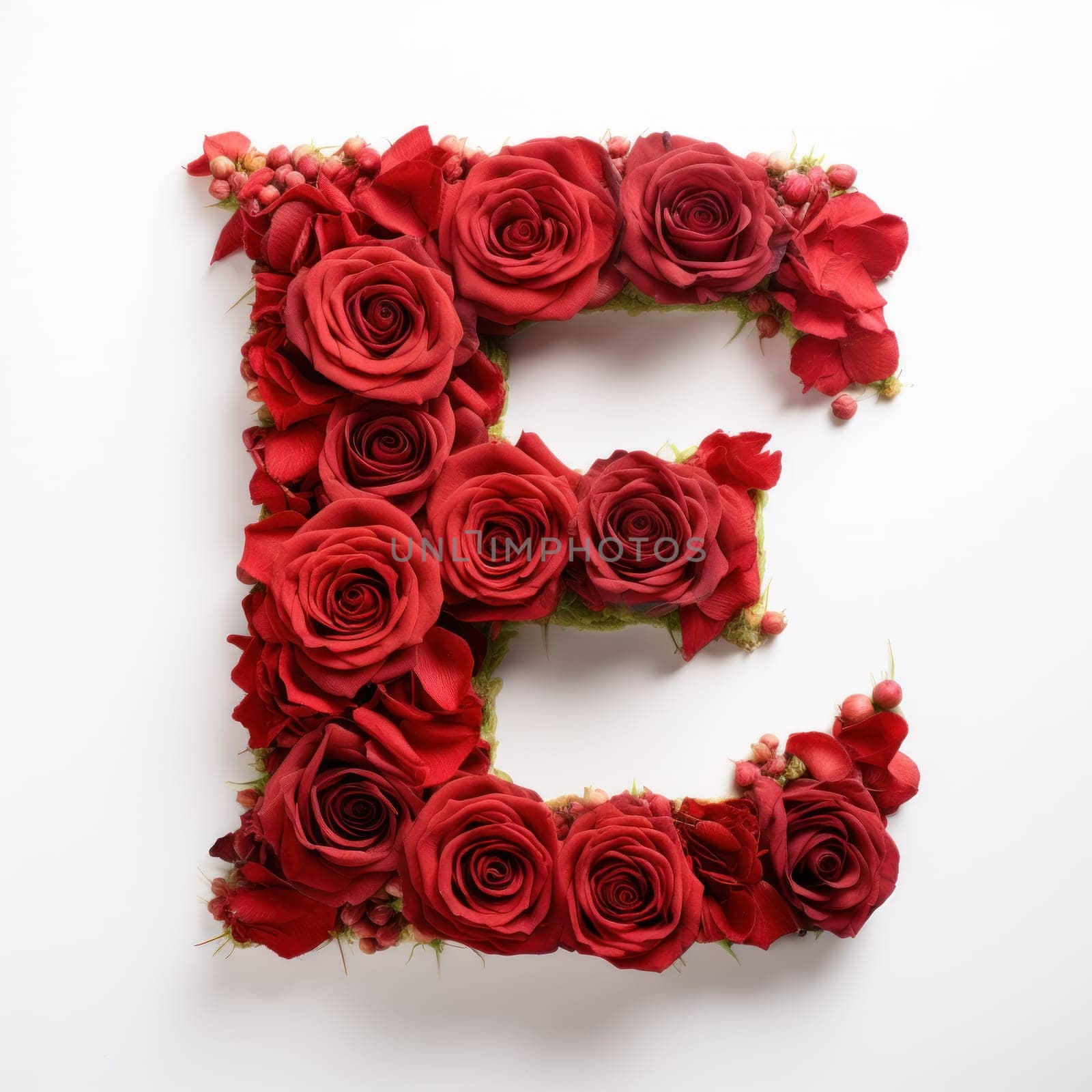 English letter E, whose texture is red rose. white background. Generative AI by golfmerrymaker