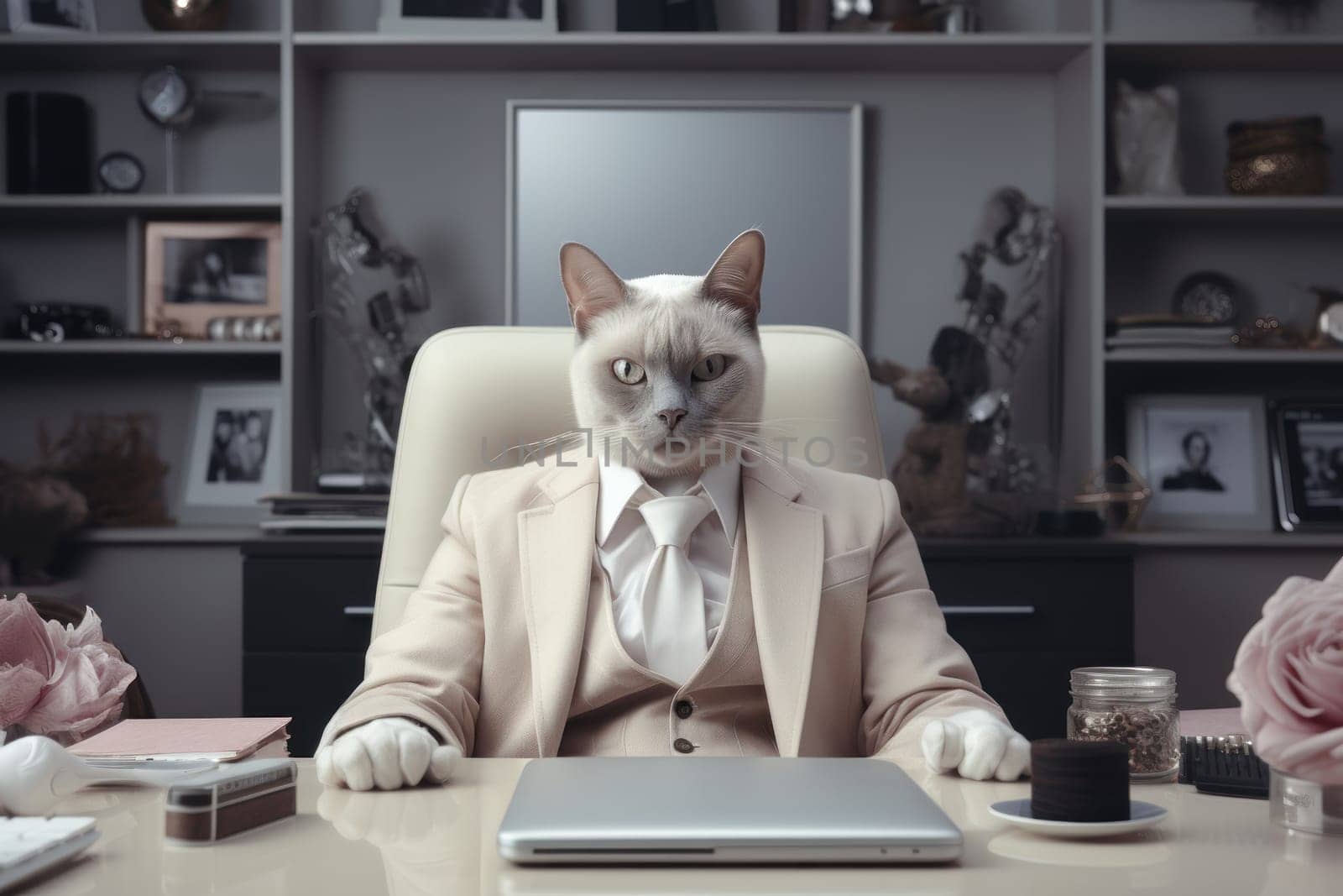 Siamese cat like a boss sitting behind a desk in style of Anthropomorphic animals. Generative AI.