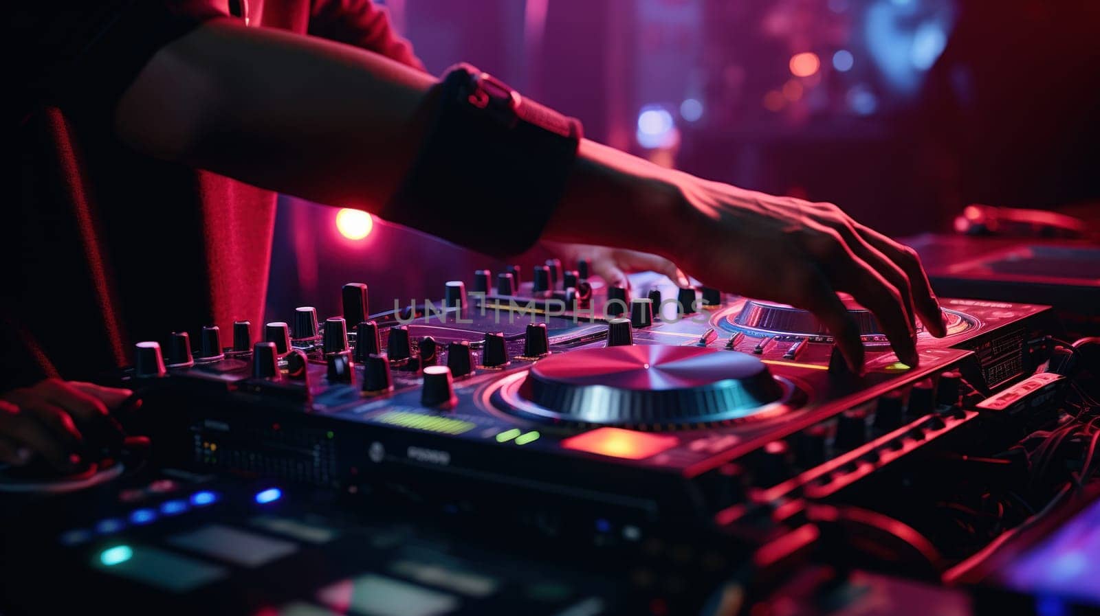 Close up of DJ hands adjusting controls on a mixing deck at a party. Generative AI.