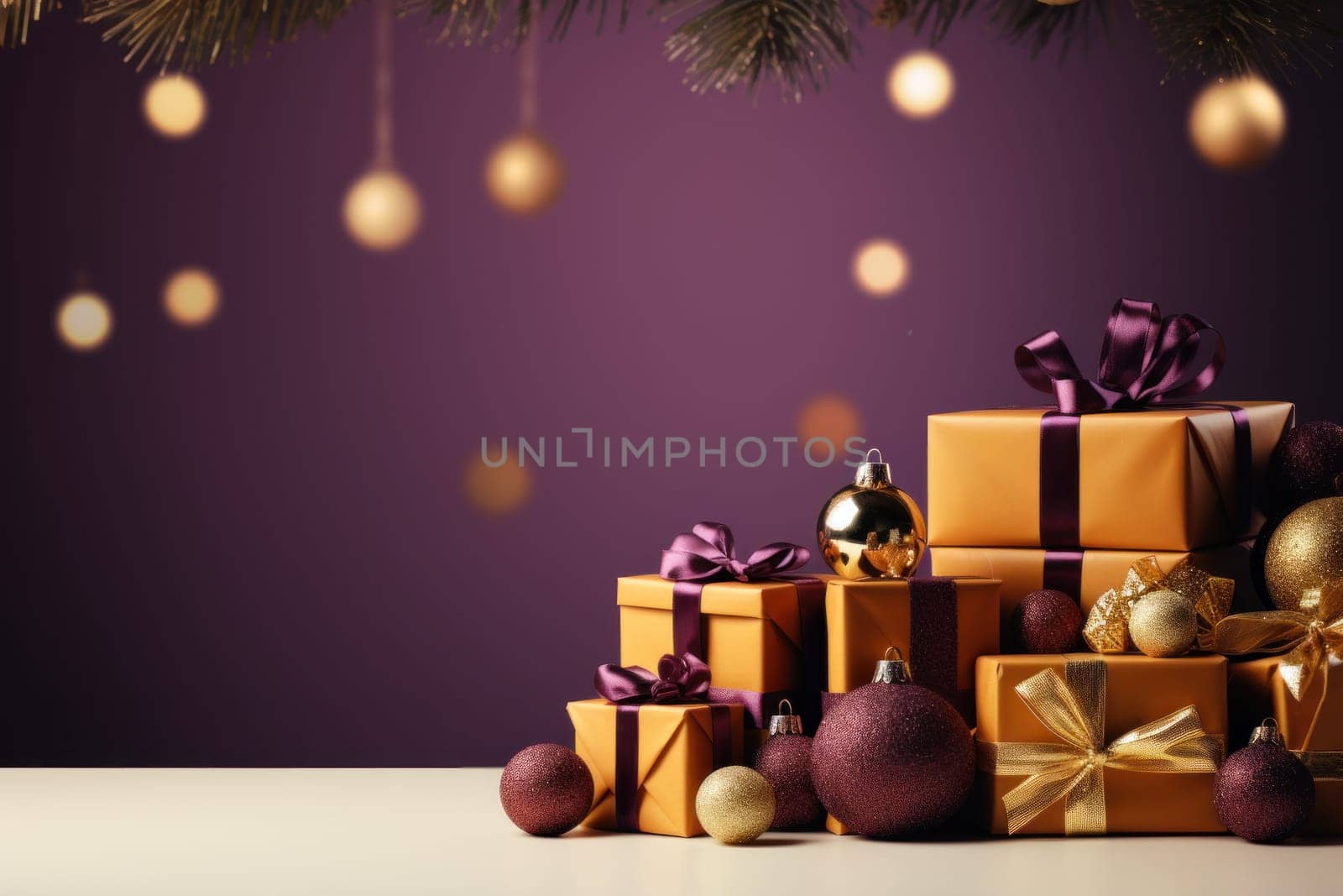 Merry Christmas banner with blank space for text, purple background. Generative AI.