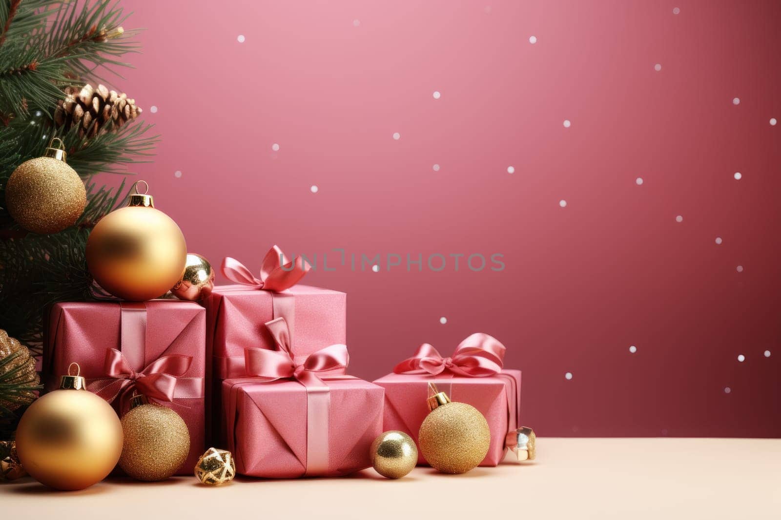 Merry Christmas banner with blank space for text, pink background. Generative AI.