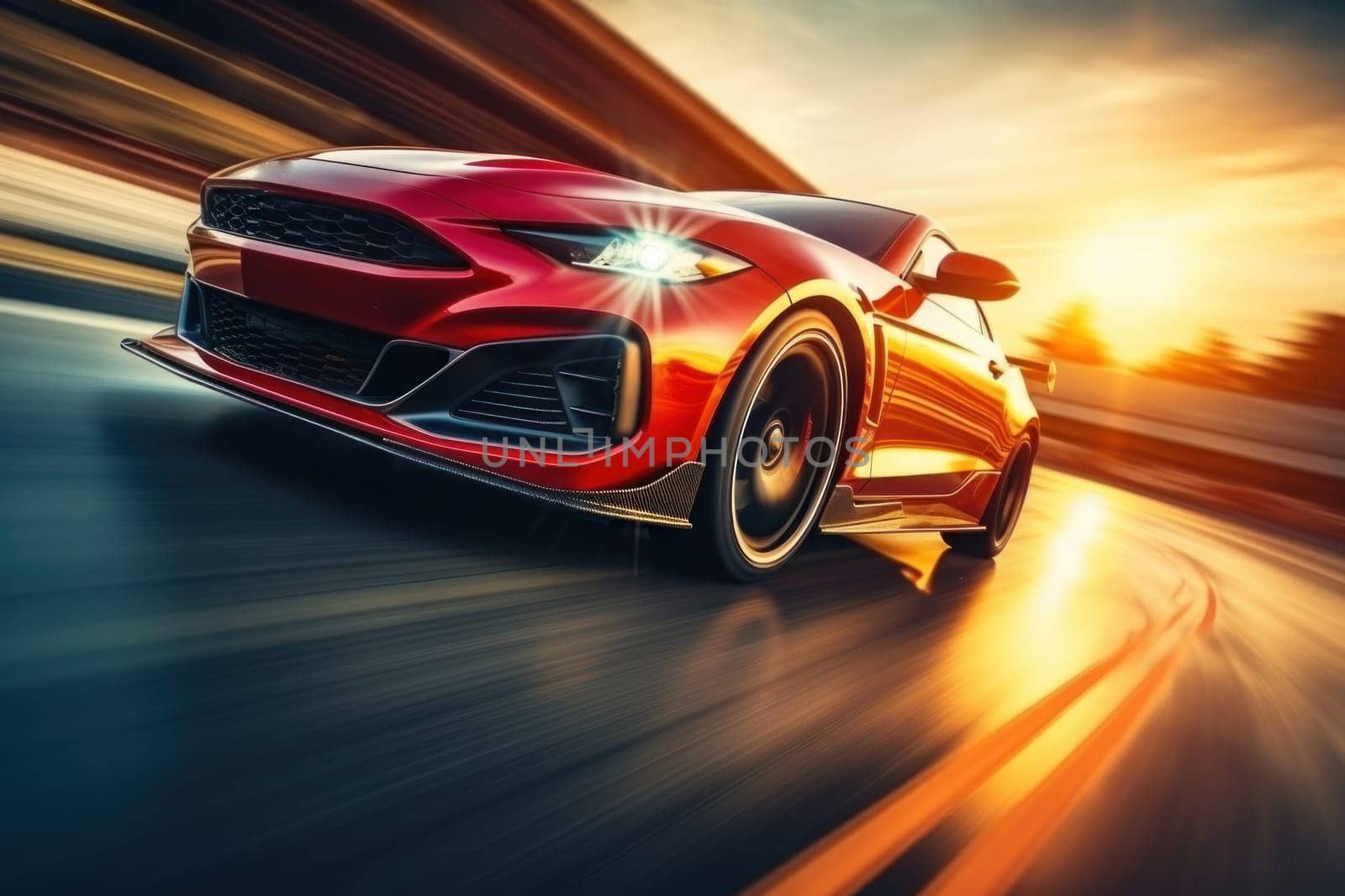Motion blur shot, curve tail light drifting car wheels.
