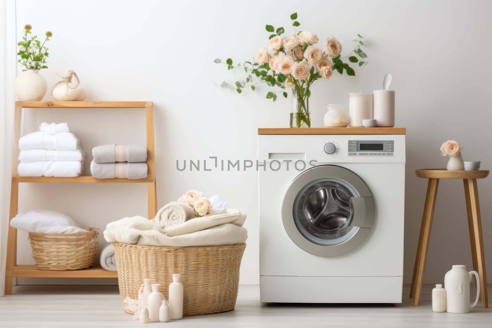 Washing machine in a white room with plants beside it. Generative AI.