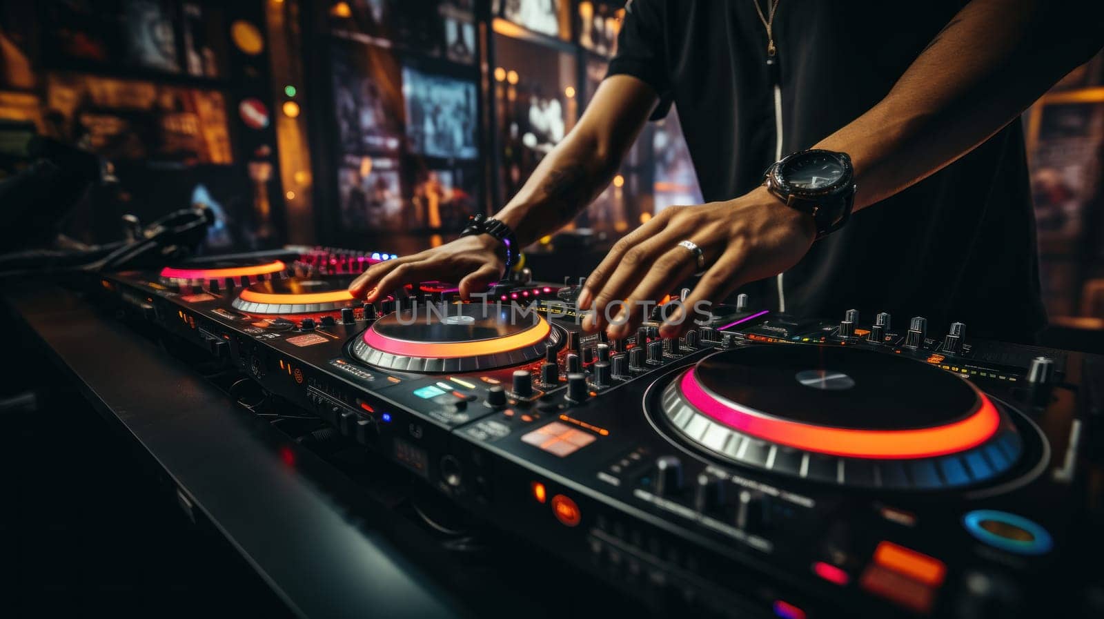 Close up of DJ hands adjusting controls on a mixing deck at a party. Generative AI.