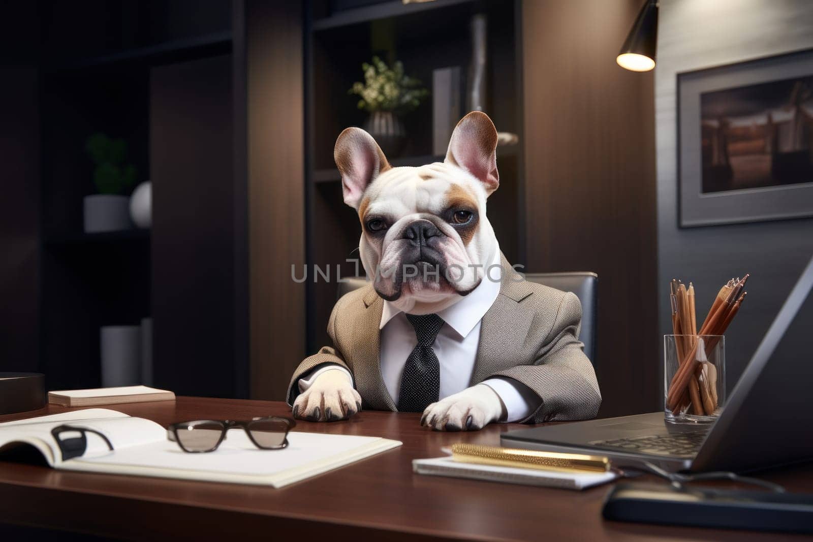 French bulldog like a boss sitting behind a desk in style of Anthropomorphic animals. Generative AI.