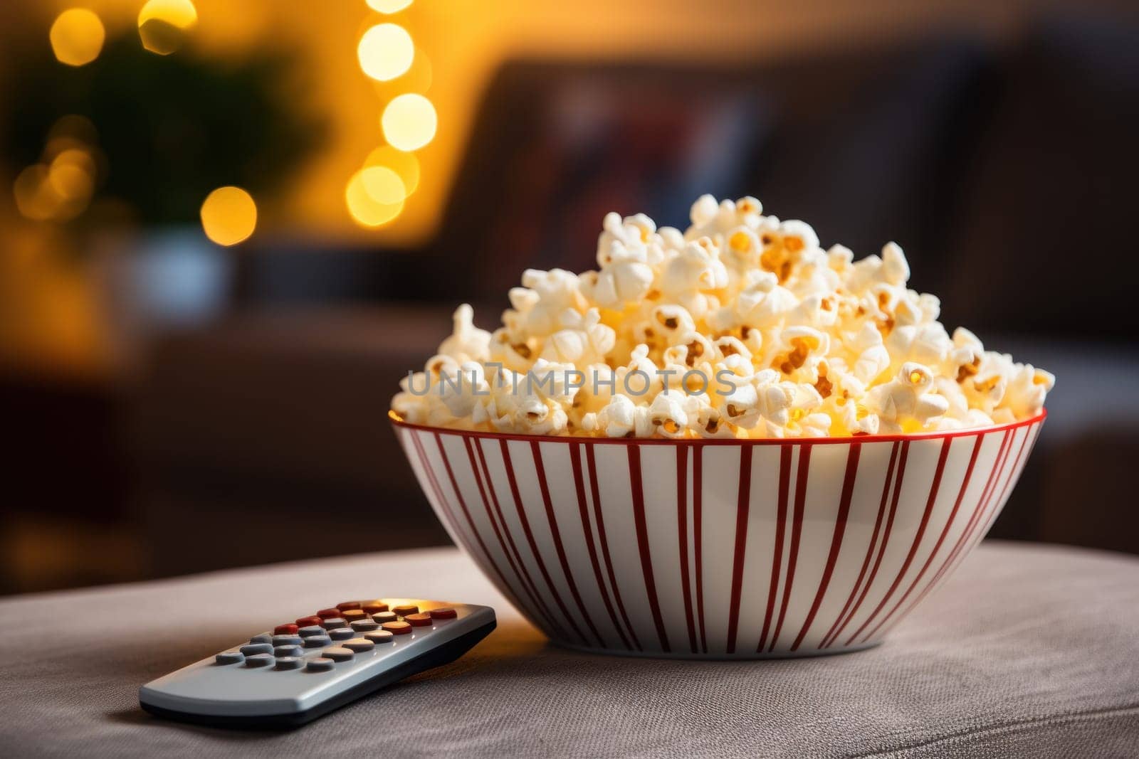 Popcorn in a glass bowl and remote control in front of the TV. Generative AI.