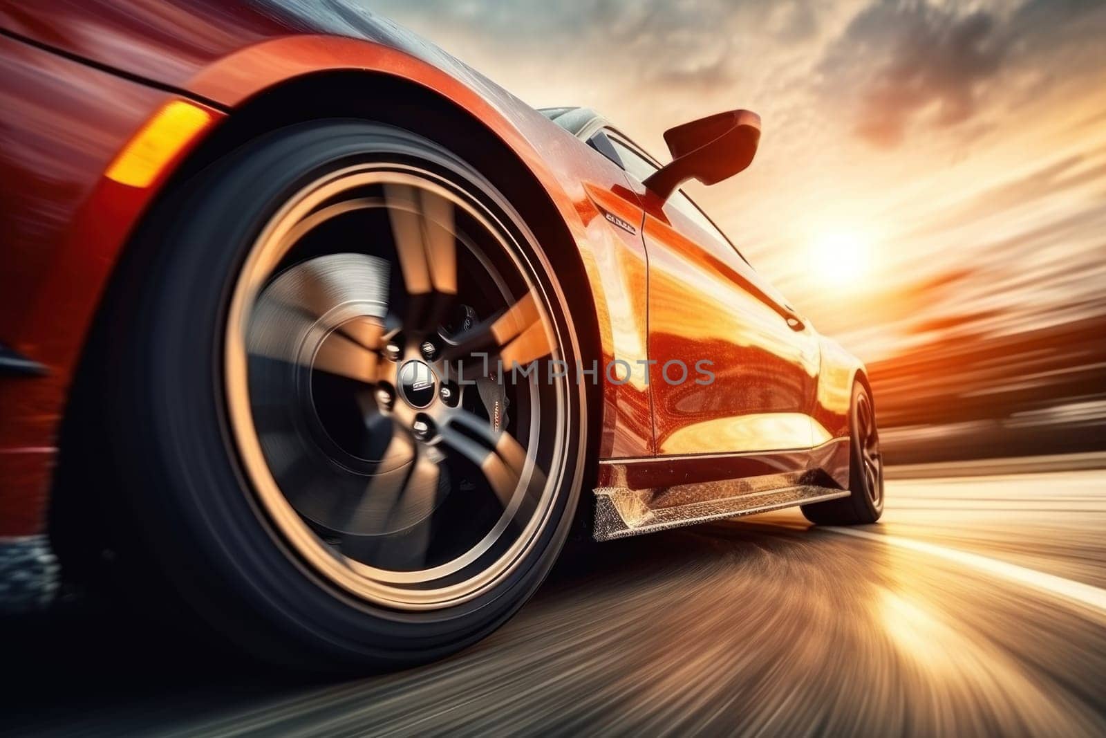 Motion blur shot, curve tail light drifting car wheels.