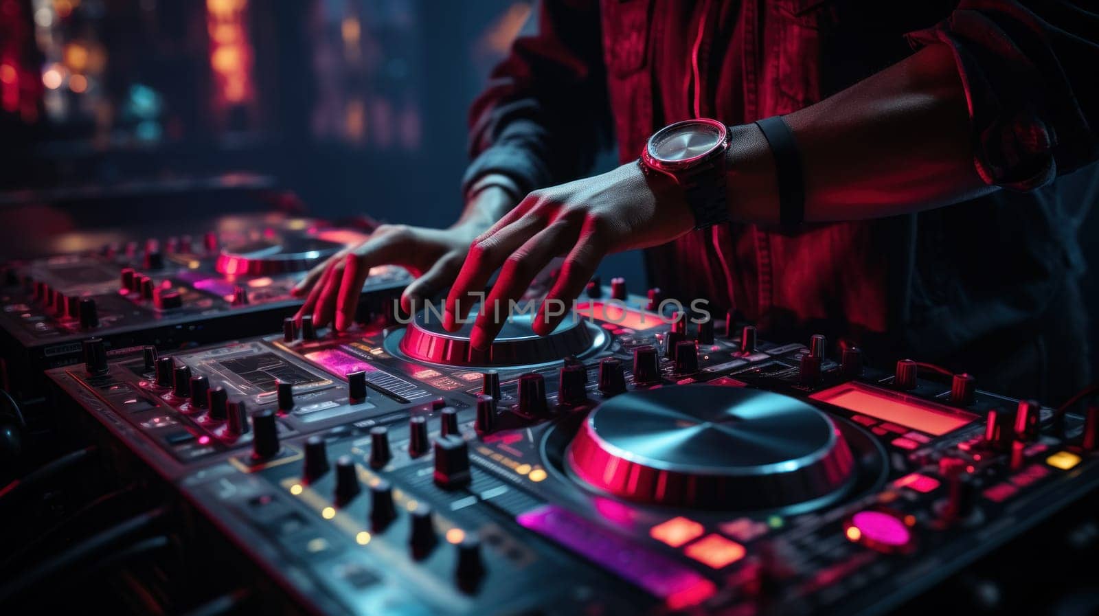Close up of DJ hands adjusting controls on a mixing deck at a party. Generative AI.