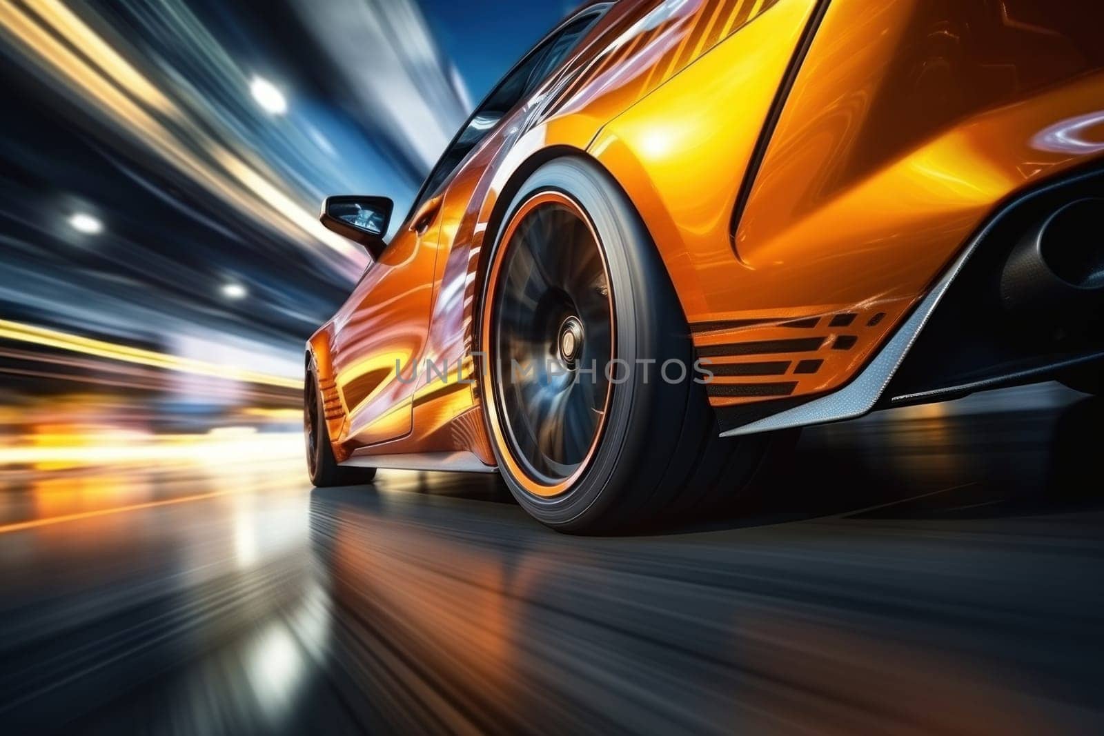 Motion blur shot, curve tail light drifting car wheels.