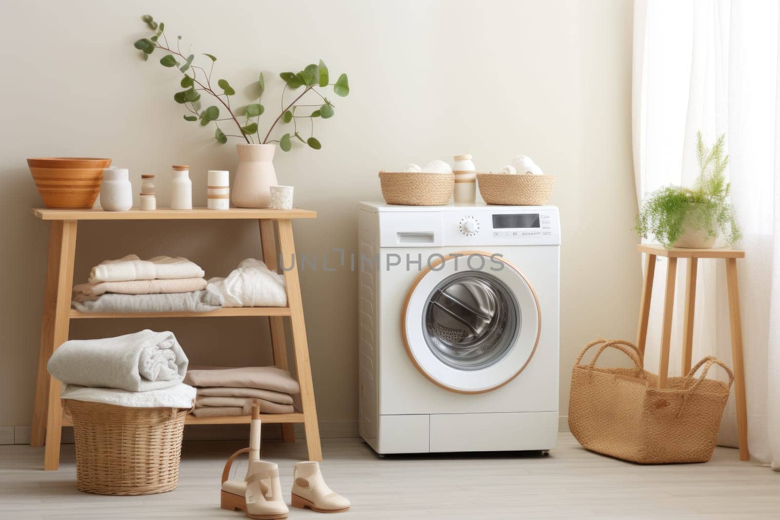 Washing machine in a white room with plants beside it. Generative AI.